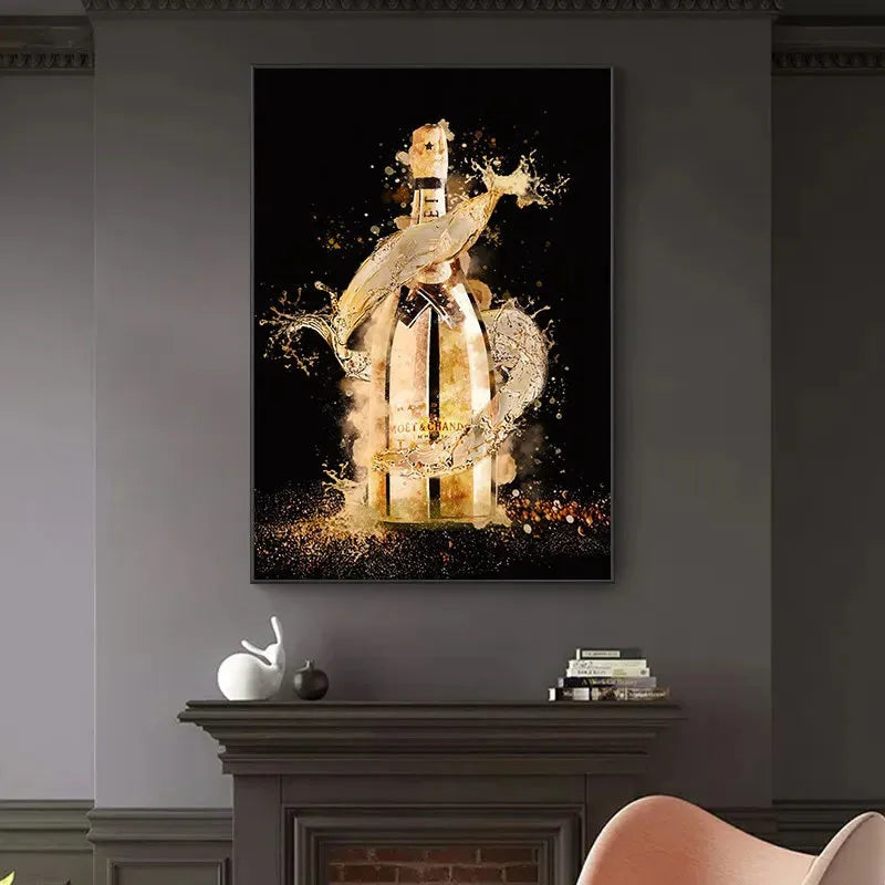 Abstract Gold Champagne Bottle Luxury Art – Canvas Poster for Home Decor