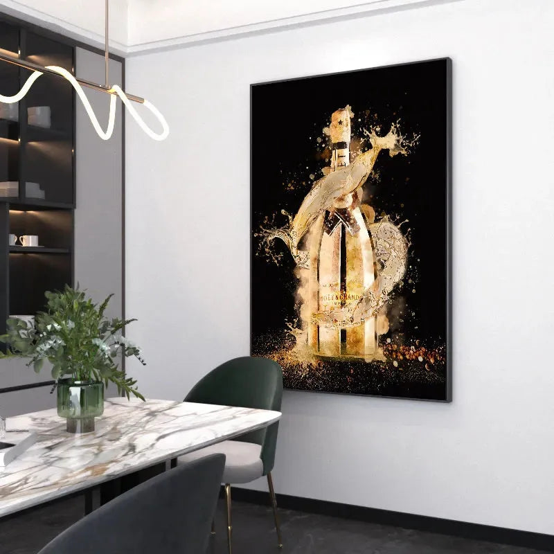 Abstract Gold Champagne Bottle Luxury Art – Canvas Poster for Home Decor