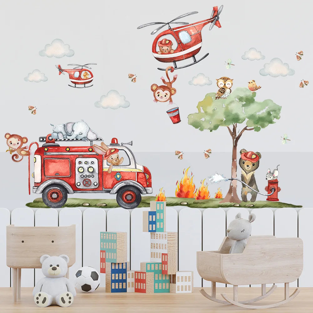 Creative Cartoon Animal Firefighter Wall Sticker – Adhesive Kids Room Decor