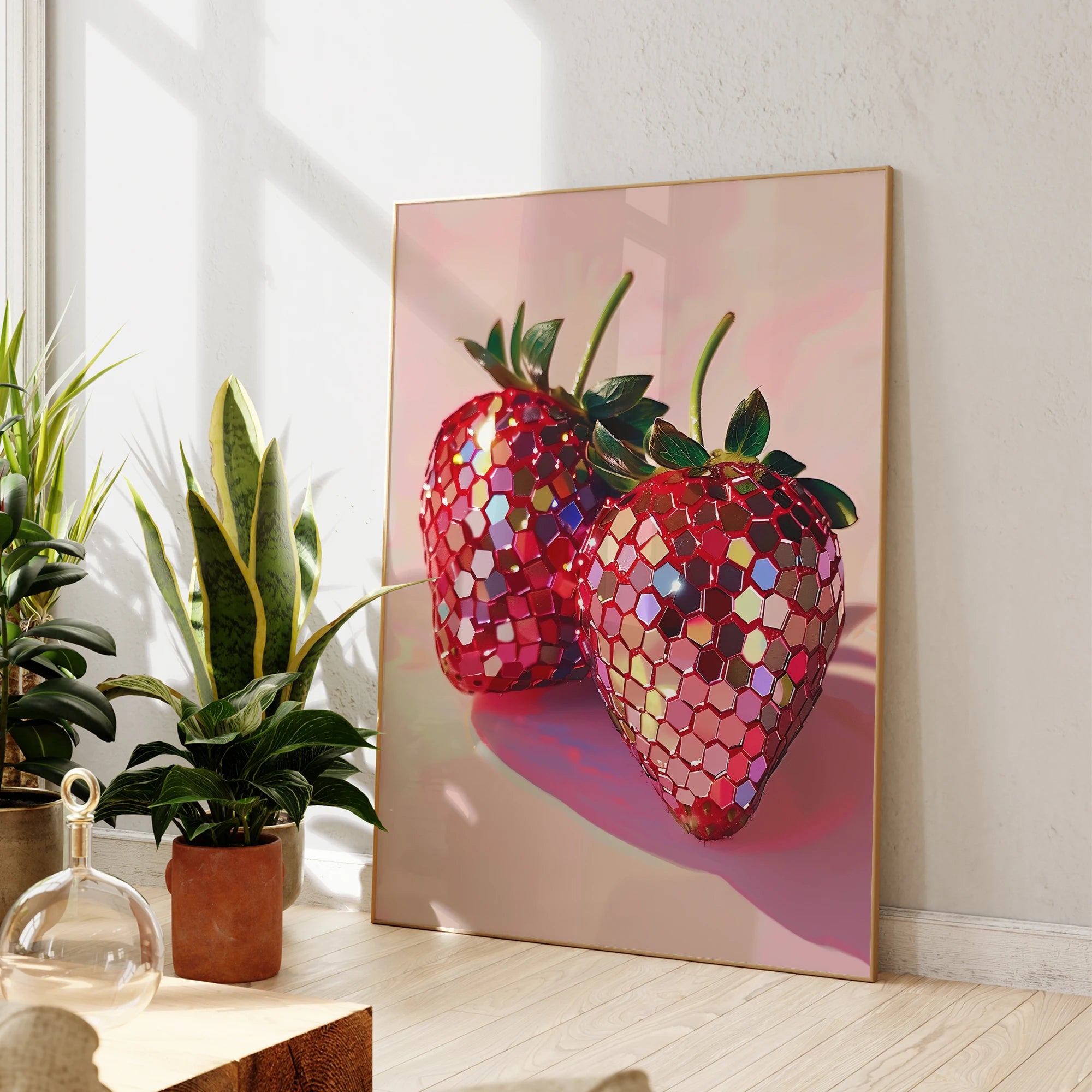 Modern Disco Strawberry Wall Art – Funky Pink and Red Canvas Poster