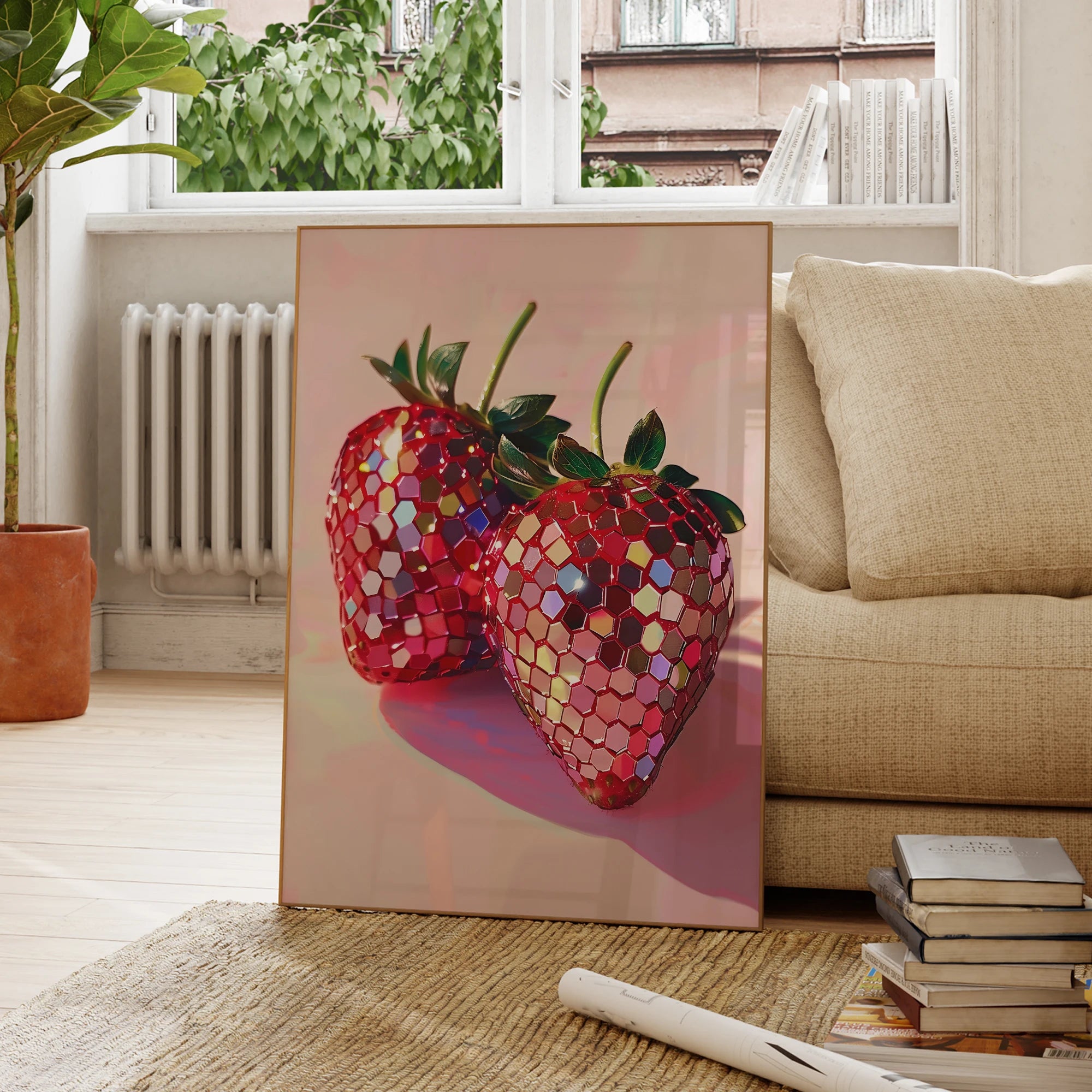 Modern Disco Strawberry Wall Art – Funky Pink and Red Canvas Poster