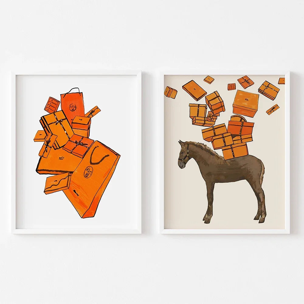 Paris Luxury Brand Fashion Poster – Abstract Orange Bag & Horse Canvas Art for Home Decor