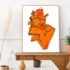 Paris Luxury Brand Fashion Poster – Abstract Orange Bag & Horse Canvas Art for Home Decor