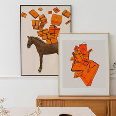 Paris Luxury Brand Fashion Poster – Abstract Orange Bag & Horse Canvas Art for Home Decor