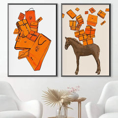 Paris Luxury Brand Fashion Poster – Abstract Orange Bag & Horse Canvas Art for Home Decor