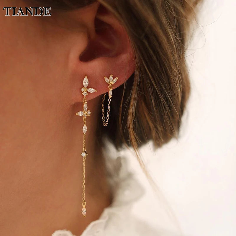 TIANDE - Zircon Tassel Chain Dangle Earrings