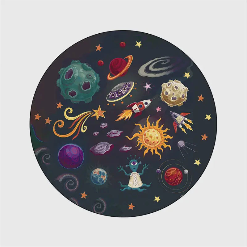 Modern Grey Bubble Kiss Kids Rug – Colorful Cartoon Space Planet Pattern Round Carpet