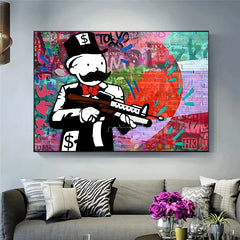 Alec Monopoly Gun Abstract Wall Art – Street Graffiti Canvas for Modern Home Decor