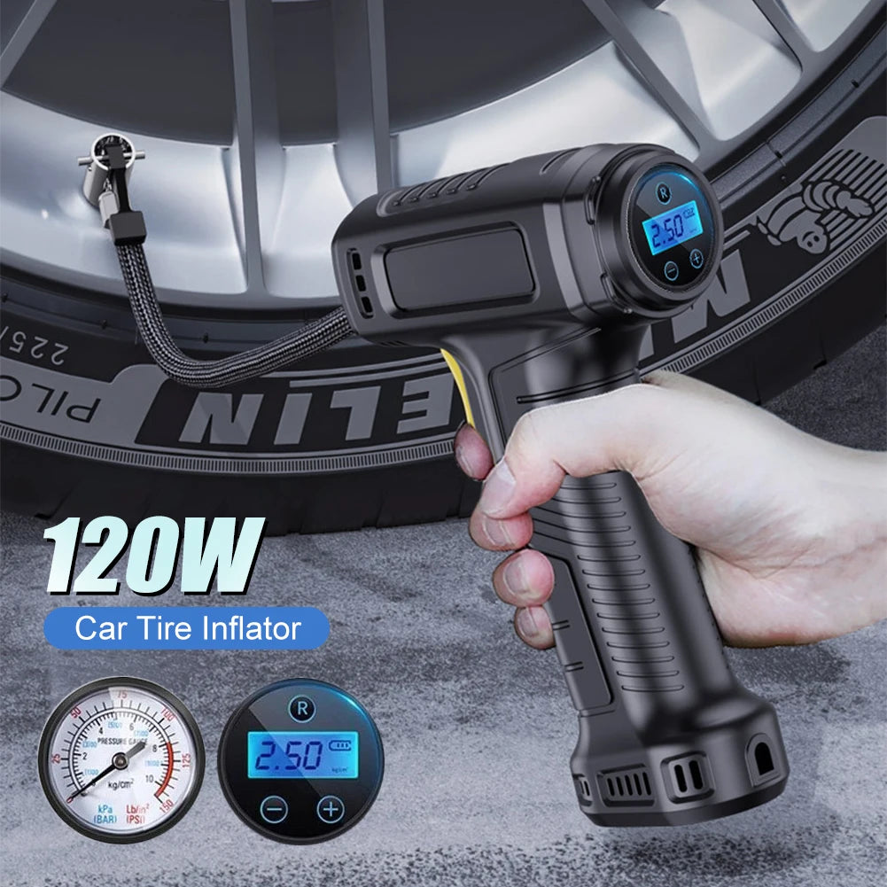 120W Portable Car Tire Inflator – Wireless/Wired Electric Air Compressor