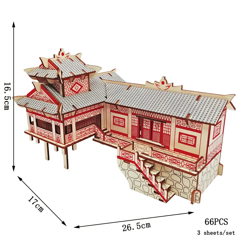 Chinese Architecture 3D Wooden Puzzle – DIY Educational Building Toy