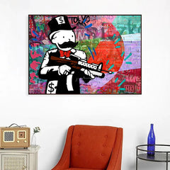 Alec Monopoly Gun Abstract Wall Art – Street Graffiti Canvas for Modern Home Decor