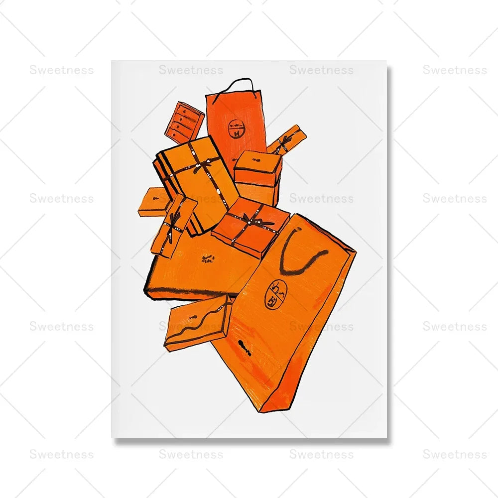 Paris Luxury Brand Fashion Poster – Abstract Orange Bag & Horse Canvas Art for Home Decor