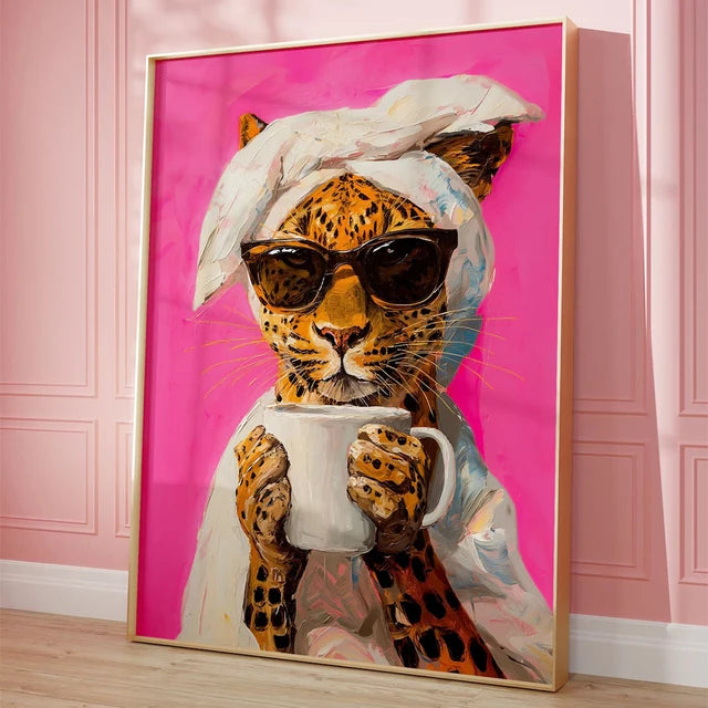 Modern Leopard Drinking Morning Coffee – Colorful Canvas Post