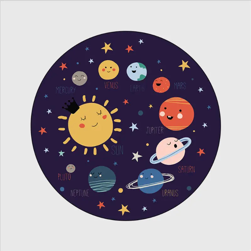 Modern Grey Bubble Kiss Kids Rug – Colorful Cartoon Space Planet Pattern Round Carpet