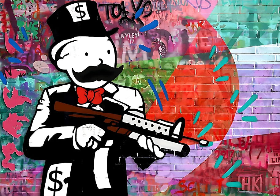 Alec Monopoly Gun Abstract Wall Art – Street Graffiti Canvas for Modern Home Decor