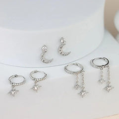 Earrings Set – 14K Gold & Silver Plated Moon Star Dainty Studs and Hoops