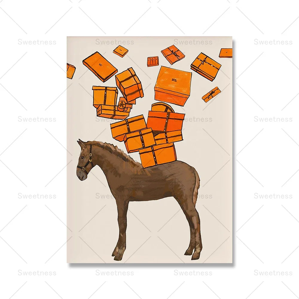 Paris Luxury Brand Fashion Poster – Abstract Orange Bag & Horse Canvas Art for Home Decor