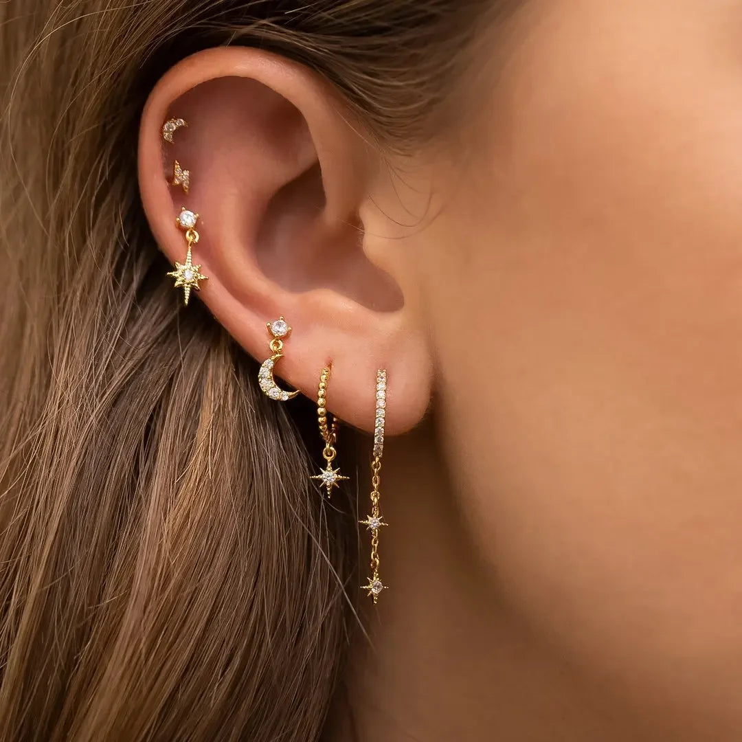 Earrings Set – 14K Gold & Silver Plated Moon Star Dainty Studs and Hoops