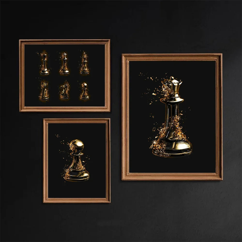 Vintage Black and White 3D Gold Chess Piece Canvas – Elegant Wall Art for Living Room