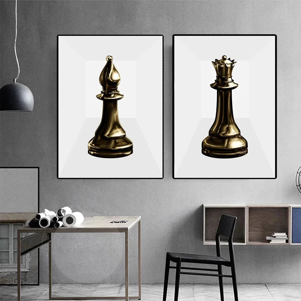 Vintage Black and White 3D Gold Chess Piece Canvas – Elegant Wall Art for Living Room