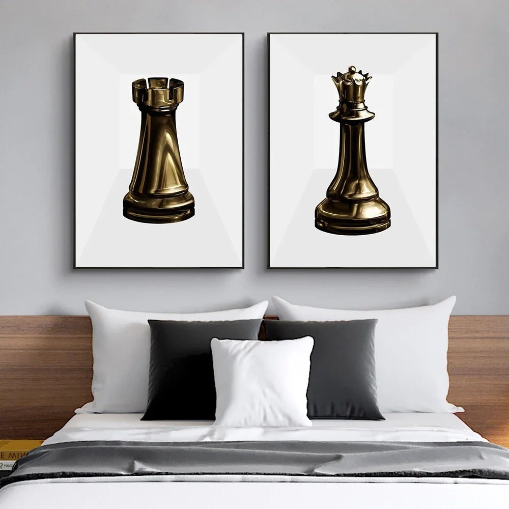 Vintage Black and White 3D Gold Chess Piece Canvas – Elegant Wall Art for Living Room