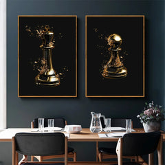 Vintage Black and White 3D Gold Chess Piece Canvas – Elegant Wall Art for Living Room